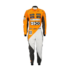  Oscar Piastri's 2023 Spanish GP racing suit featuring the striking ‘Triple Crown’ design with detailed branding and a vibrant visual aesthetic. Bestracewear