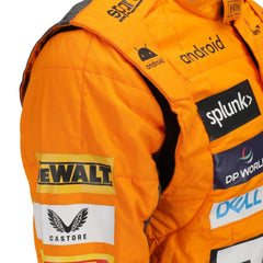 Close-up of Oscar Piastri’s 2023 Spanish GP race suit, emphasizing high-resolution logos, stitch detailing, and special edition ‘Triple Crown’ patchwork.Bestracewear