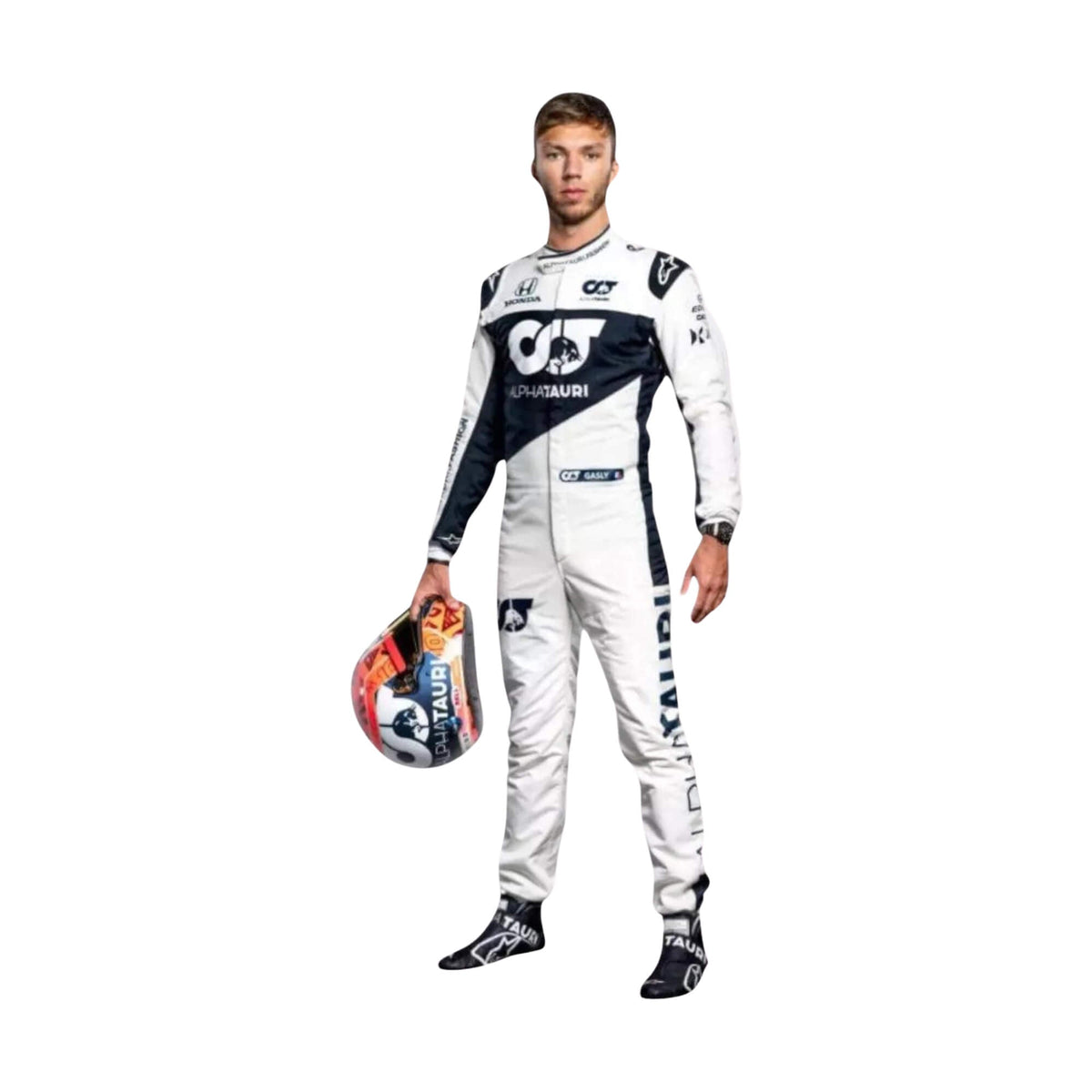 Pierre Gasly 2021 F1 racing suit front view, highlighting team logos, sponsor details, and race-specific design features-Bestracewear