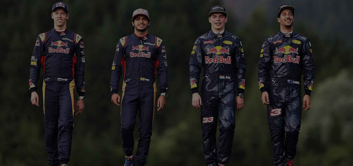Four f1 drivers wearing Red Bull f1 racing suits-Bestracewear 