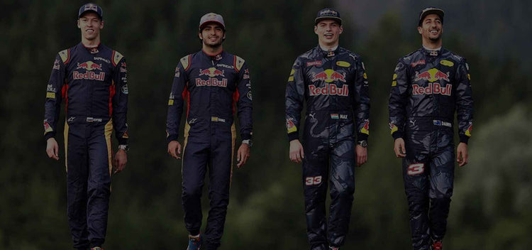 Four f1 drivers wearing Red Bull f1 racing suits-Bestracewear 