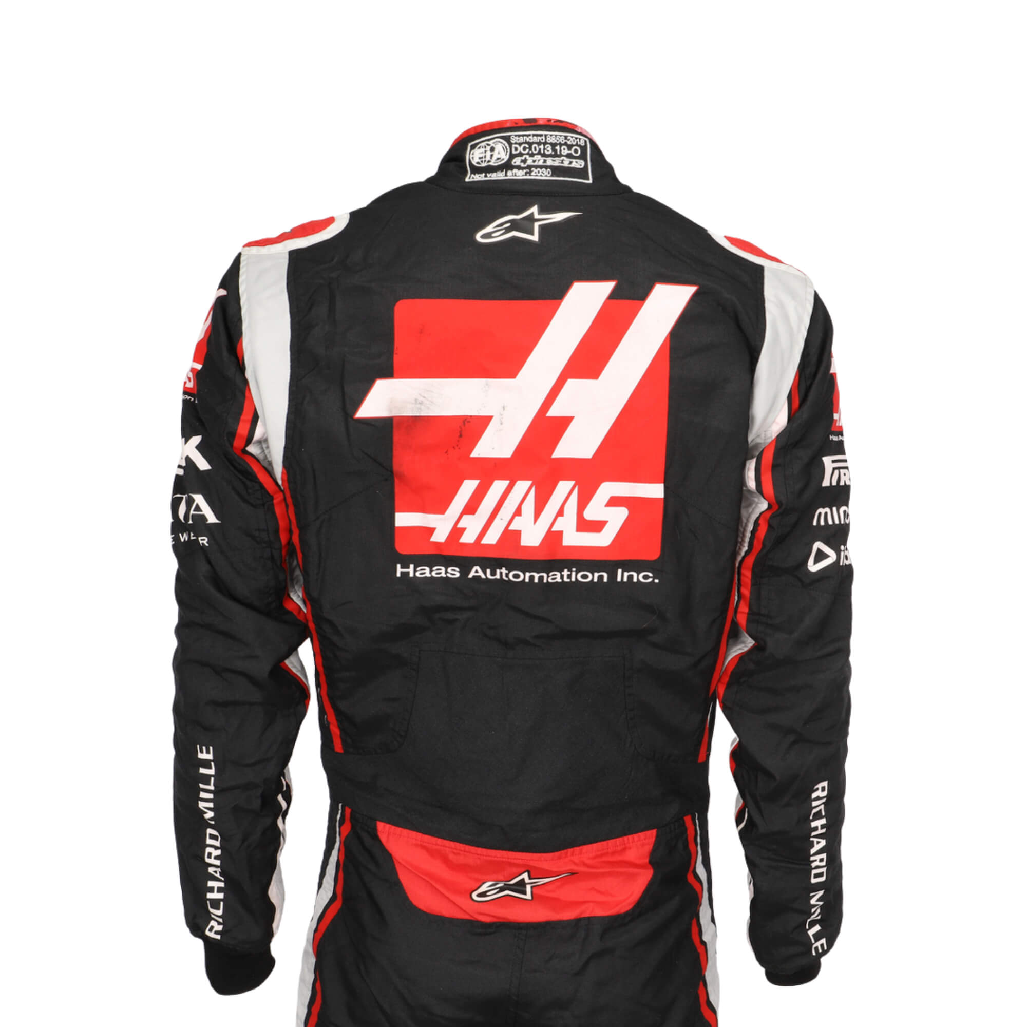 Close-up back view of Kevin Magnussen 2020 racing suit – highlighting driver-specific styling and premium race finish.