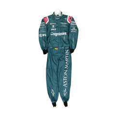 2021 Sebastian Vettel F1 Racing Suit Front View, Green Design, Embroidered Logos, Full Zipper Closure
