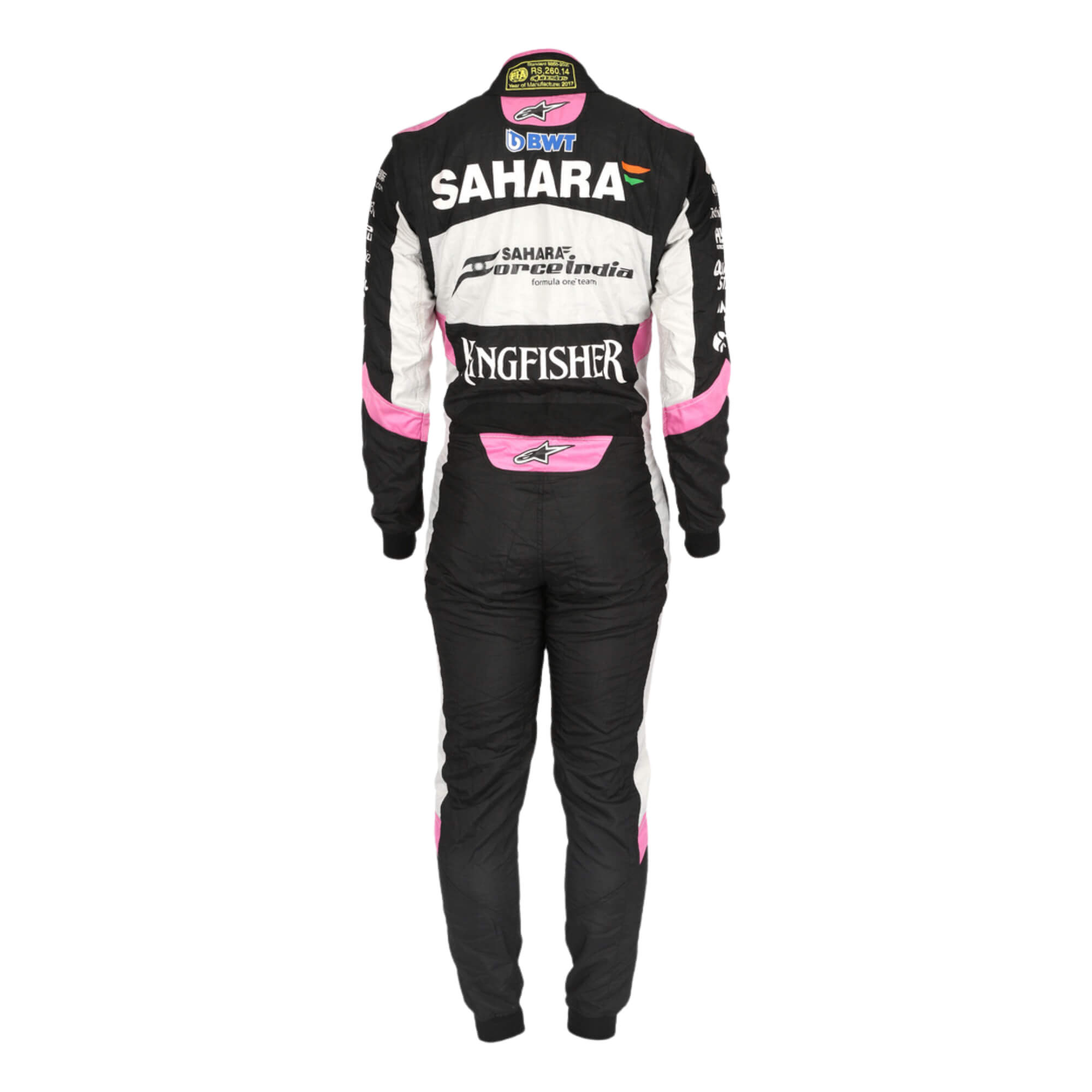 Back view of Sergio Perez 2017 racing suit showing name placement, number design, and multi-logo layout
