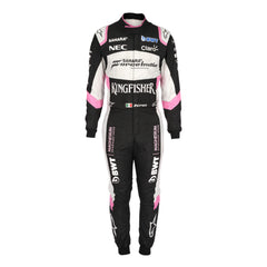 Front view of Sergio Perez 2017 F1 racing suit in black and pink, featuring full zipper and detailed sponsor embroidery