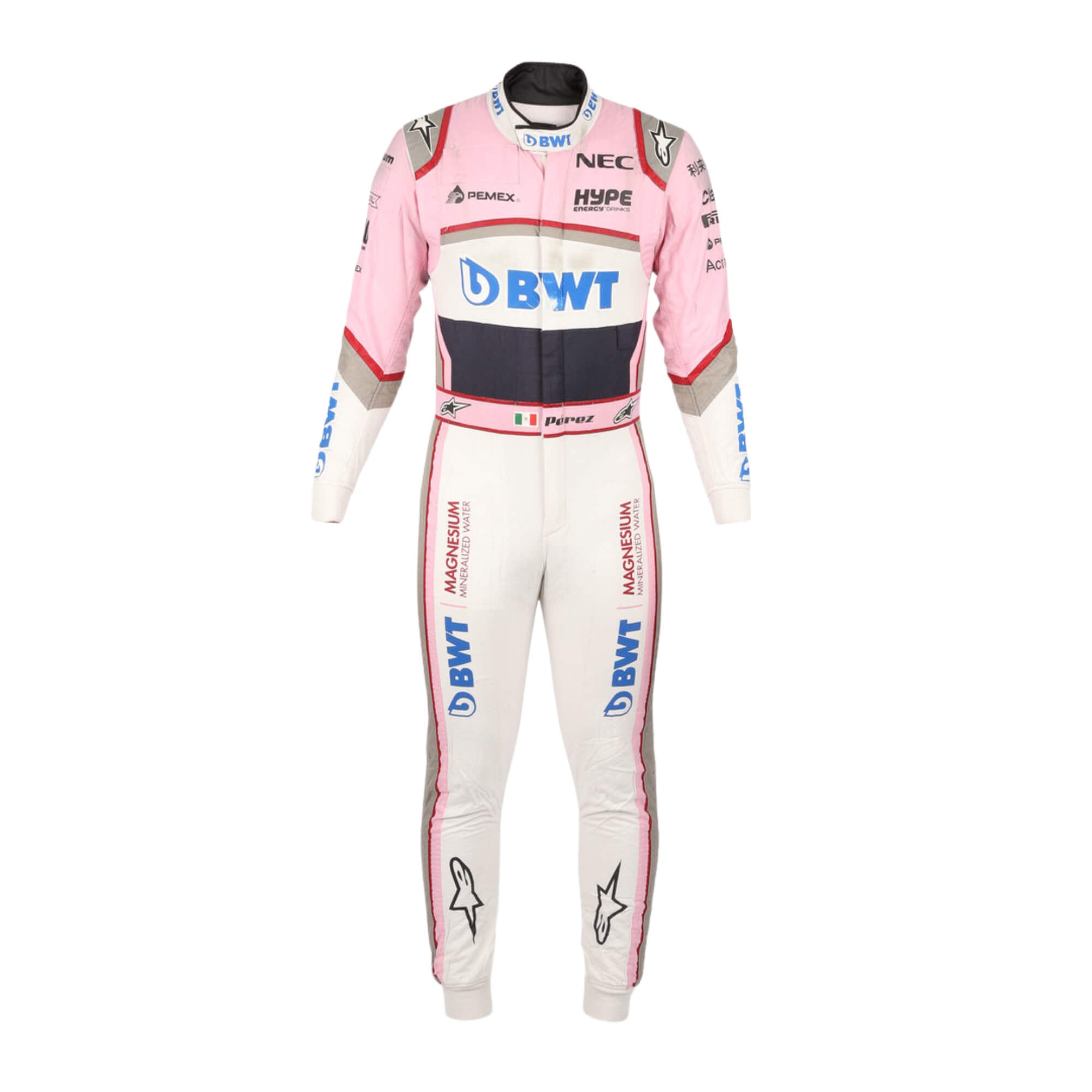 Sergio Perez’s 2018 F1 racing suit, front view, showcasing sponsor logos, high-performance design, and a custom fit for track performance.