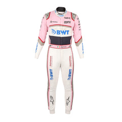 Sergio Perez’s 2018 F1 racing suit, front view, showcasing sponsor logos, high-performance design, and a custom fit for track performance.