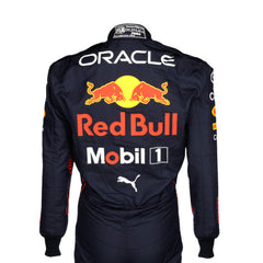 Back view of Sergio Perez 2022 racing suit – two-tone navy and red design with fitted cut and aerodynamic styling