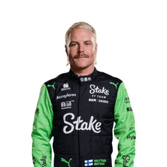 Close-up of the 2024 F1 race suit inspired by Valtteri Bottas, displaying the intricate black material with neon green stitching.