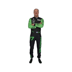 Front view of Valtteri Bottas's 2024 F1 racing suit in black with neon green sleeves and accents, showcasing a modern design.
