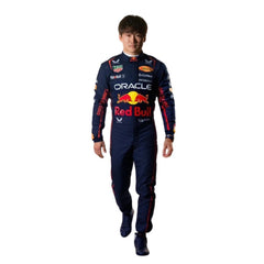 Yuki Tsunoda's 2025 Abu Dhabi Grand Prix race suit front view, featuring a predominantly bllue design with red side panels and green accents around the shoulders and collar. bestracewear