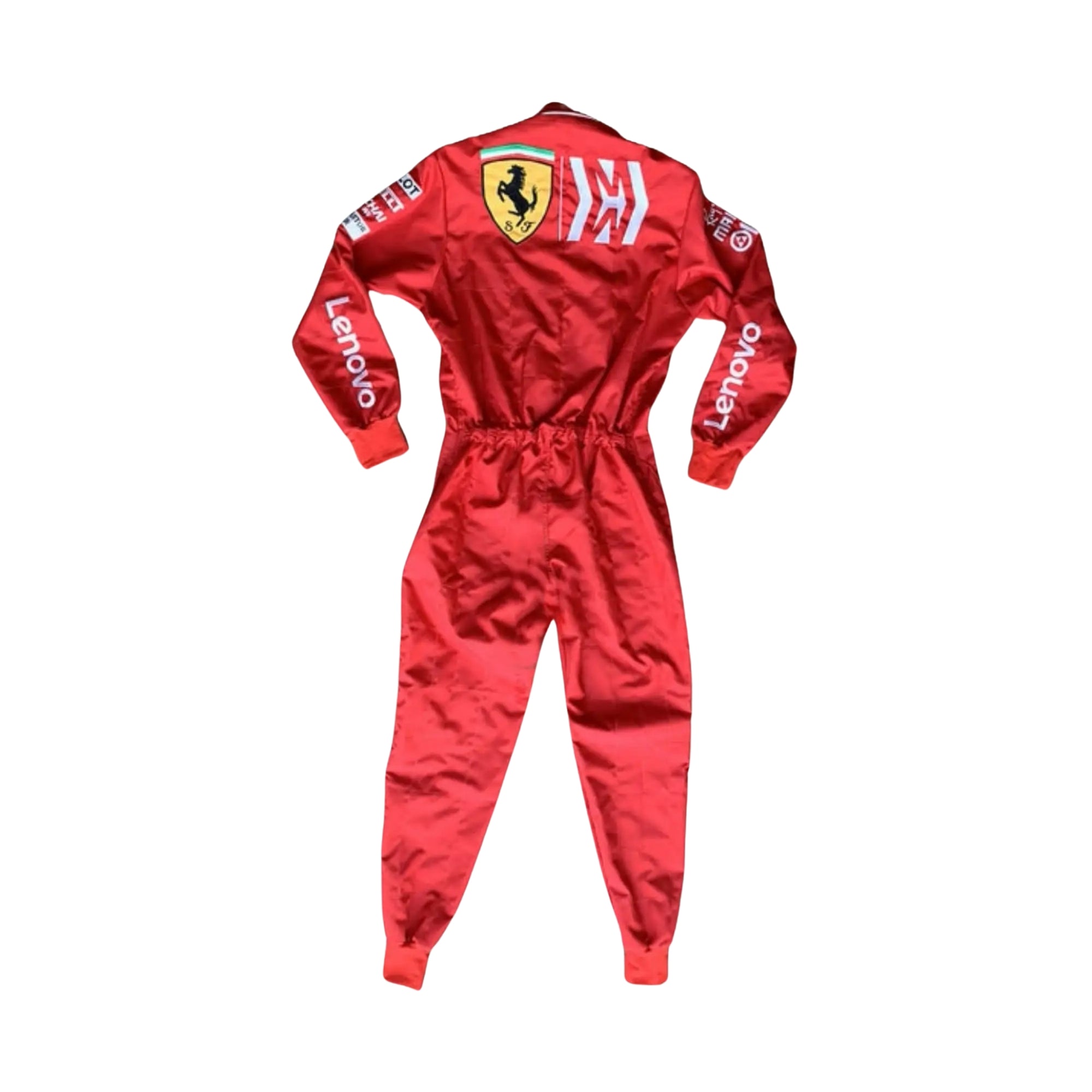 Rear view of the 2019 Charles Leclerc Team mission Winnow F1 Racing Suit- Bestracewear, showcasing the large shield and 'Mission Winnow' branding.

